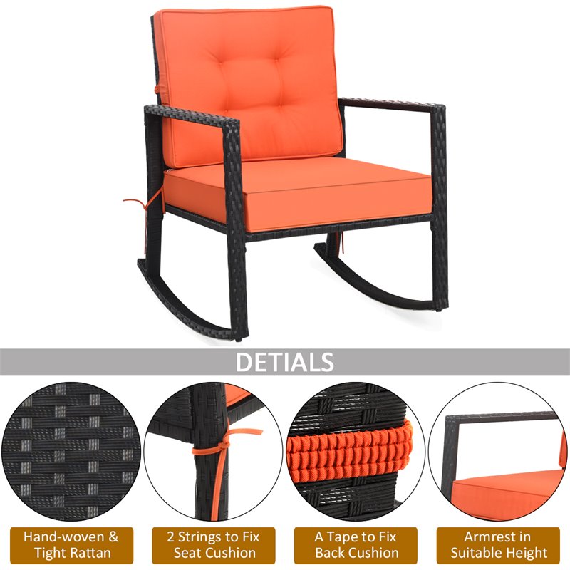 Pemberly Row Contemporary Rattan and Iron Patio Rocking Chair in Black