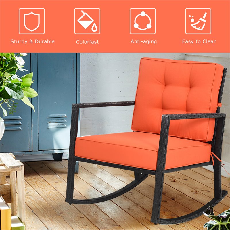 Pemberly Row Contemporary Rattan and Iron Patio Rocking Chair in Black