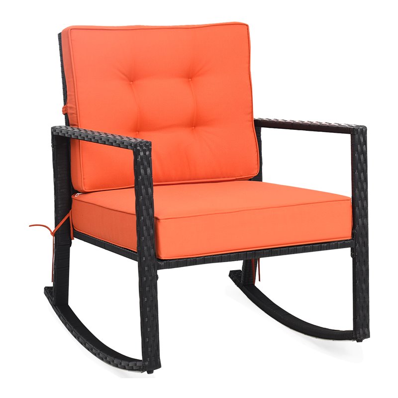 Pemberly Row Contemporary Rattan and Iron Patio Rocking Chair in Black