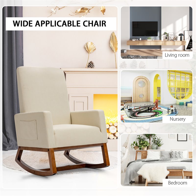 Pemberly Row Contemporary Wood and Fabric Upholstered Rocking Chair in Beige