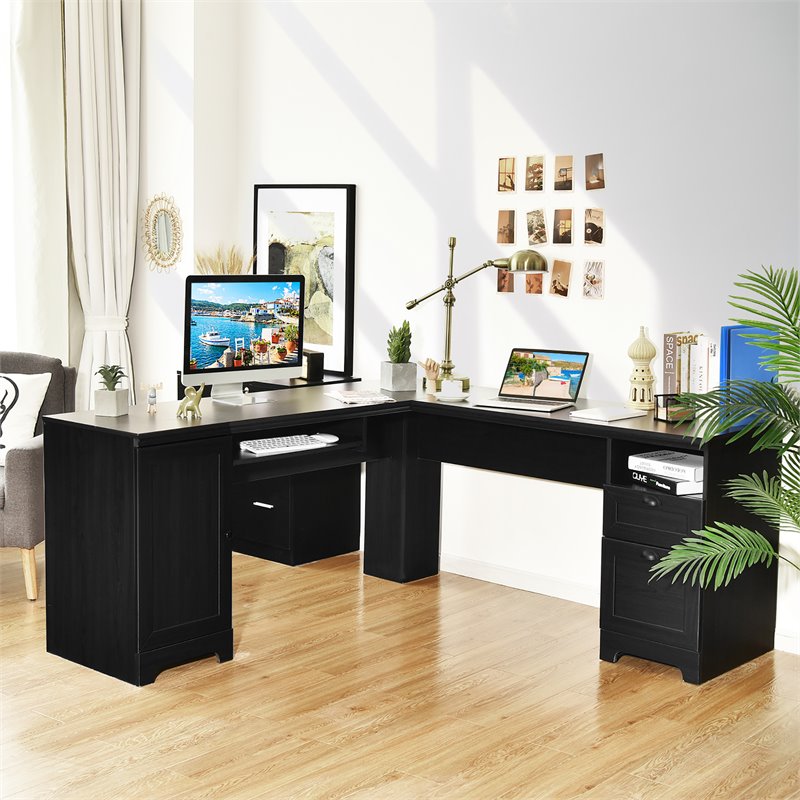 Pemberly Row L-Shaped MDF Corner Computer Desk with Drawers in Black