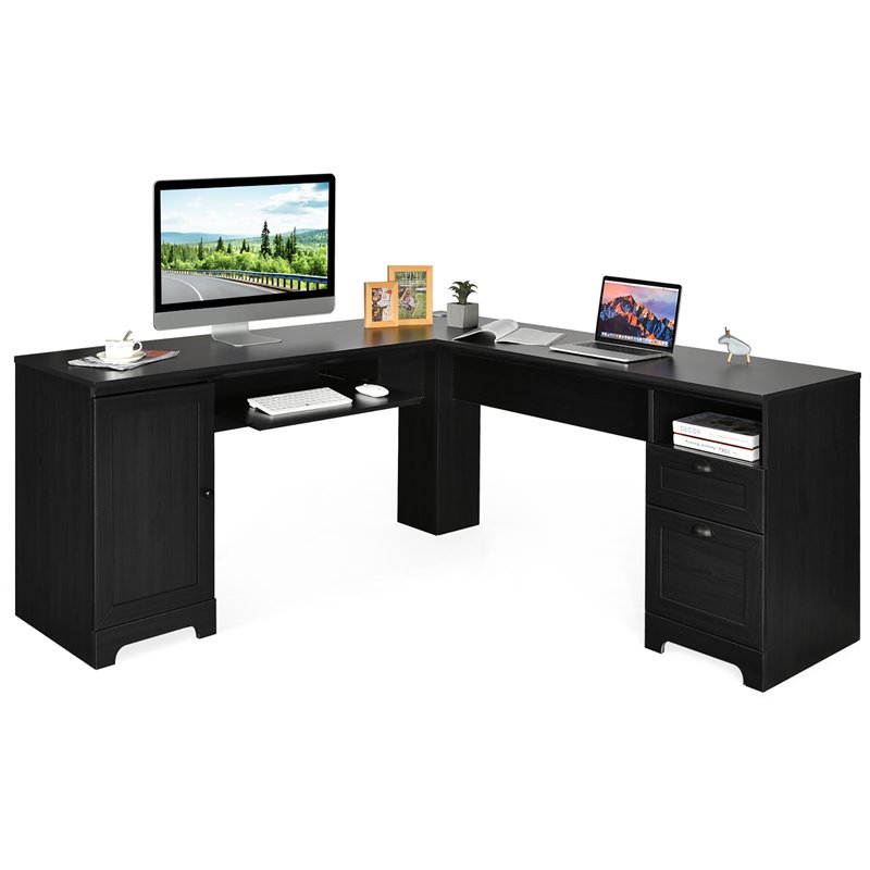 Pemberly Row L-Shaped MDF Corner Computer Desk with Drawers in Black