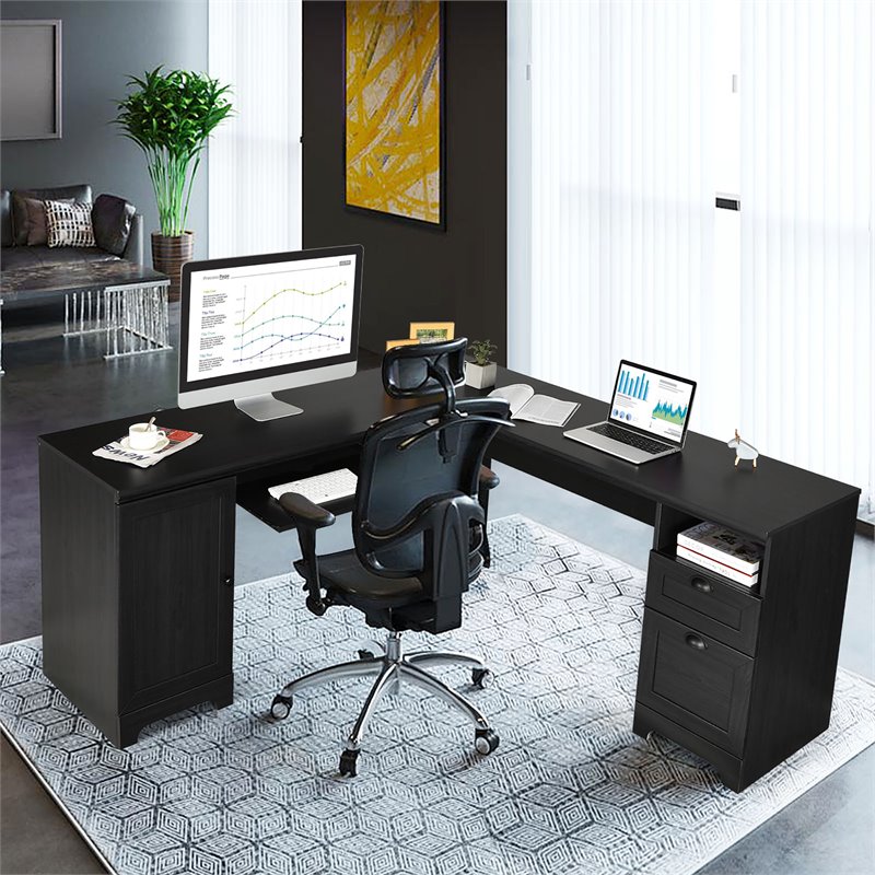 Pemberly Row L-Shaped MDF Corner Computer Desk with Drawers in Black