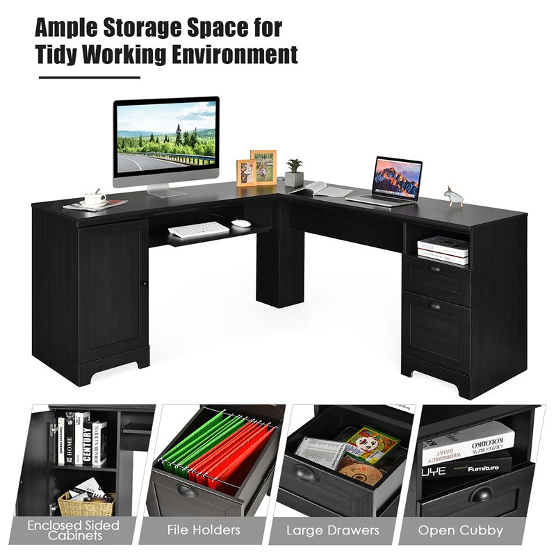 Pemberly Row L-Shaped MDF Corner Computer Desk with Drawers in Black