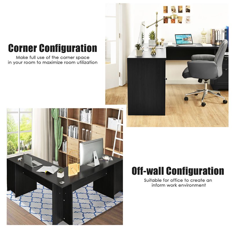 Pemberly Row L-Shaped MDF Corner Computer Desk with Drawers in Black