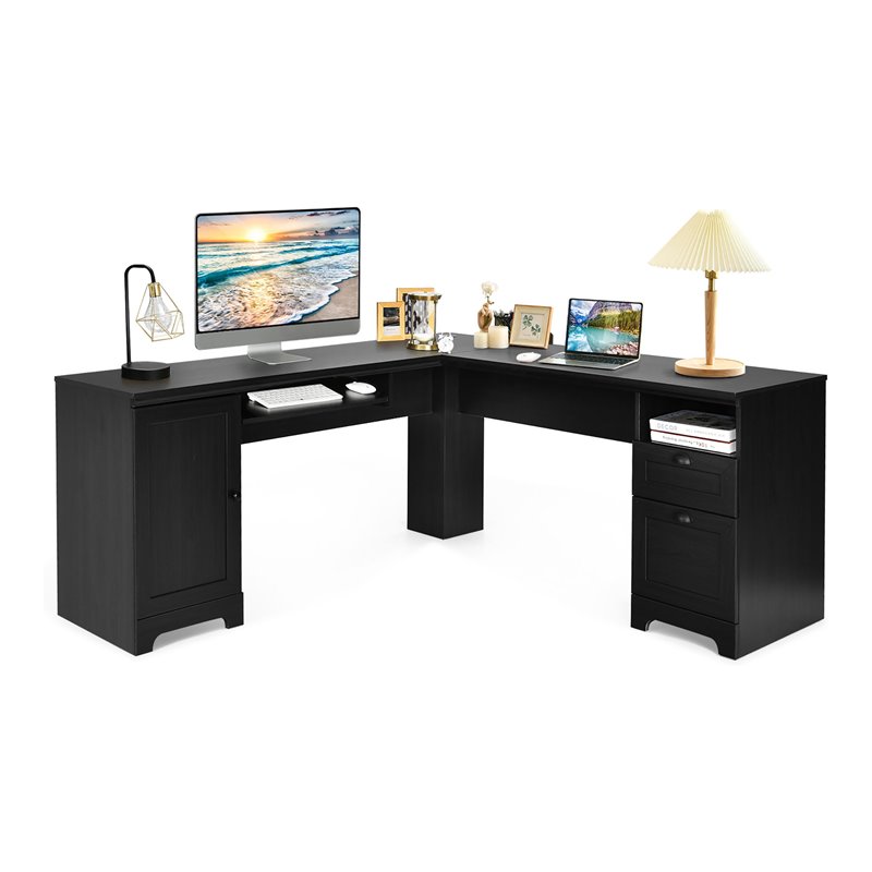 Pemberly Row L-Shaped MDF Corner Computer Desk with Drawers in Black