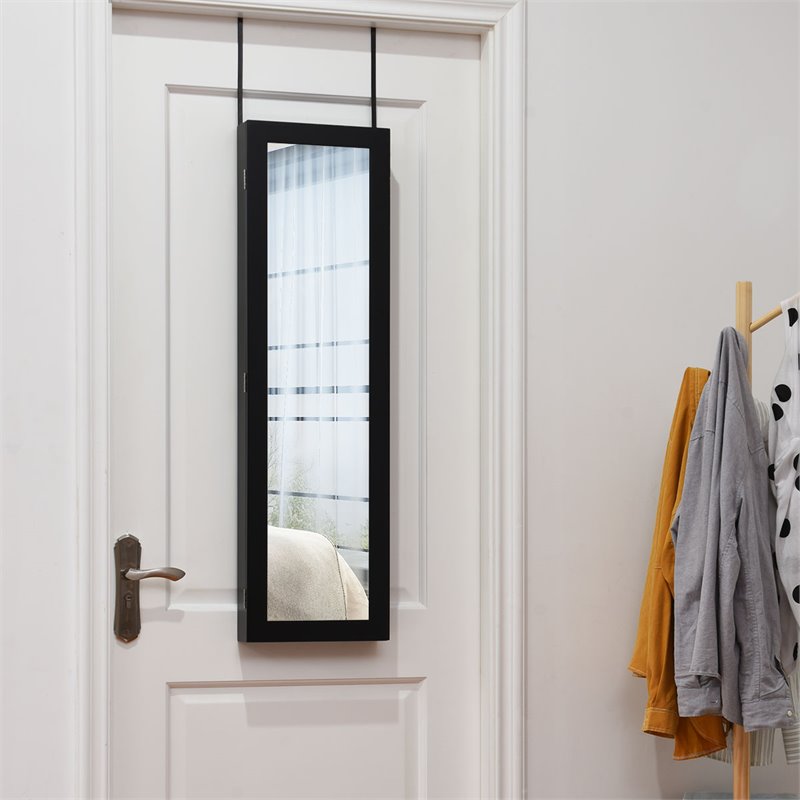 Pemberly Row MDF Board Wall/Door Mounted Mirrored Jewelry Cabinet in Black