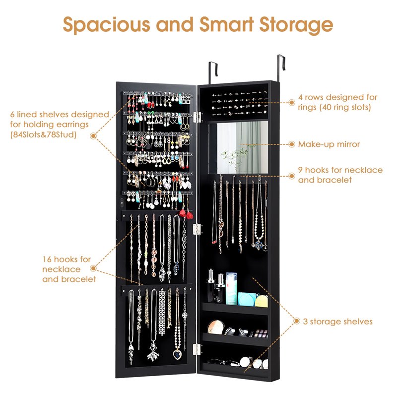 Pemberly Row MDF Board Wall/Door Mounted Mirrored Jewelry Cabinet in Black