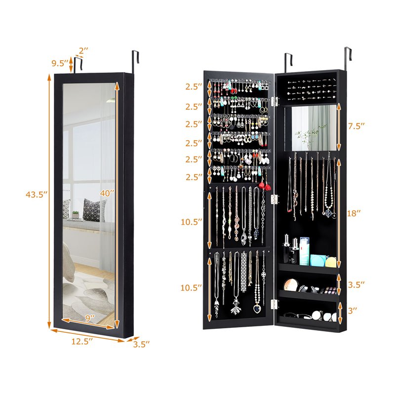 Pemberly Row MDF Board Wall/Door Mounted Mirrored Jewelry Cabinet in Black