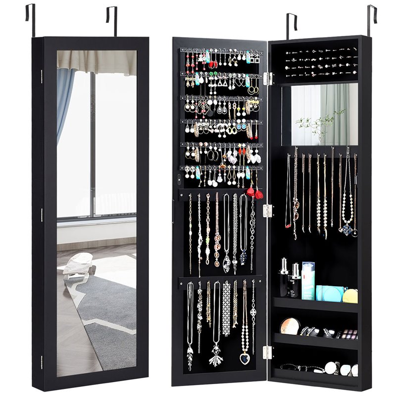 Pemberly Row MDF Board Wall/Door Mounted Mirrored Jewelry Cabinet in Black