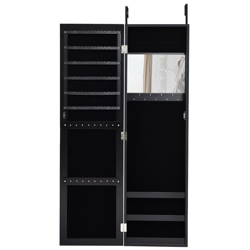 Pemberly Row MDF Board Wall/Door Mounted Mirrored Jewelry Cabinet in Black