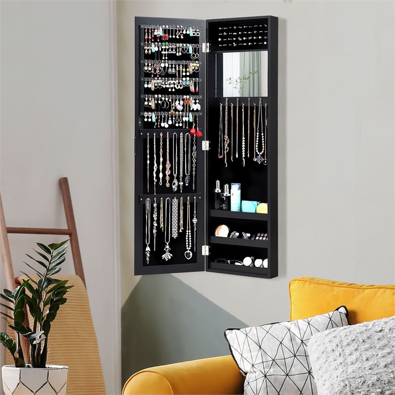Pemberly Row MDF Board Wall/Door Mounted Mirrored Jewelry Cabinet in Black