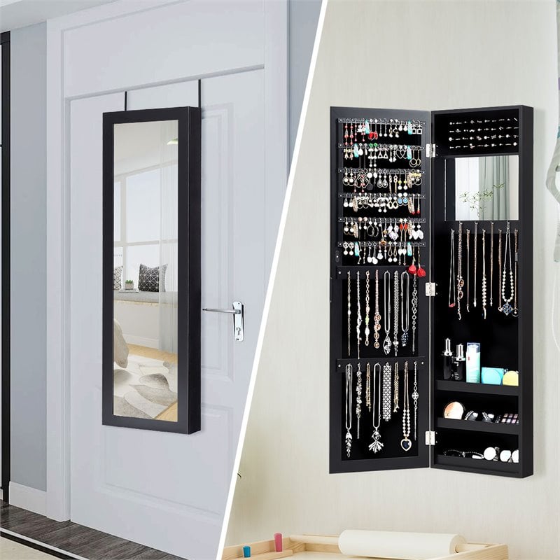 Pemberly Row MDF Board Wall/Door Mounted Mirrored Jewelry Cabinet in Black