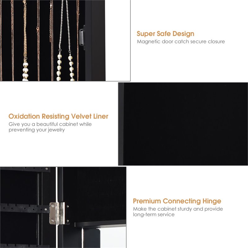 Pemberly Row MDF Board Wall/Door Mounted Mirrored Jewelry Cabinet in Black