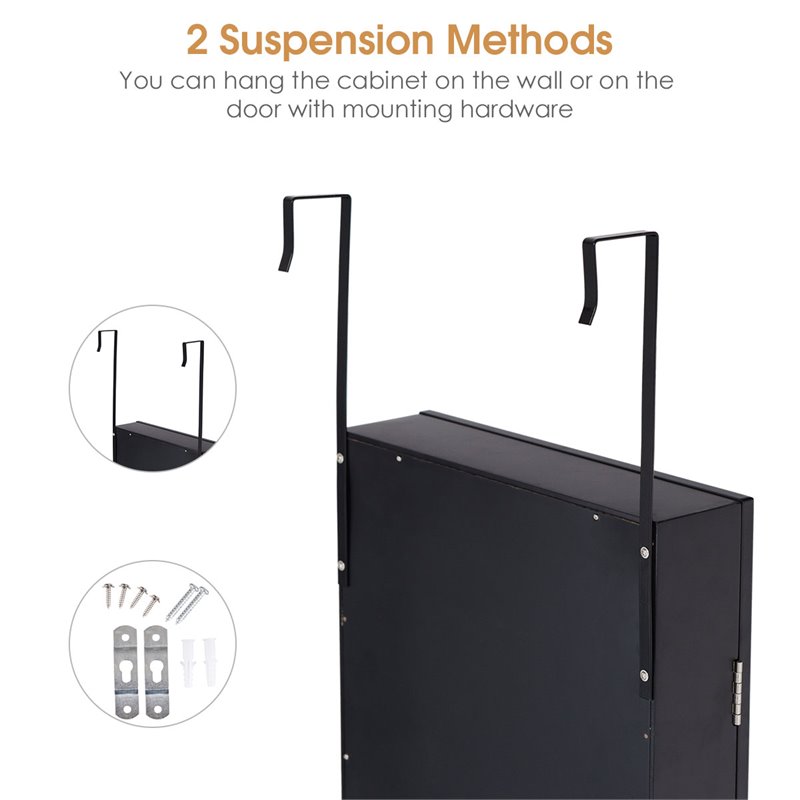 Pemberly Row MDF Board Wall/Door Mounted Mirrored Jewelry Cabinet in Black