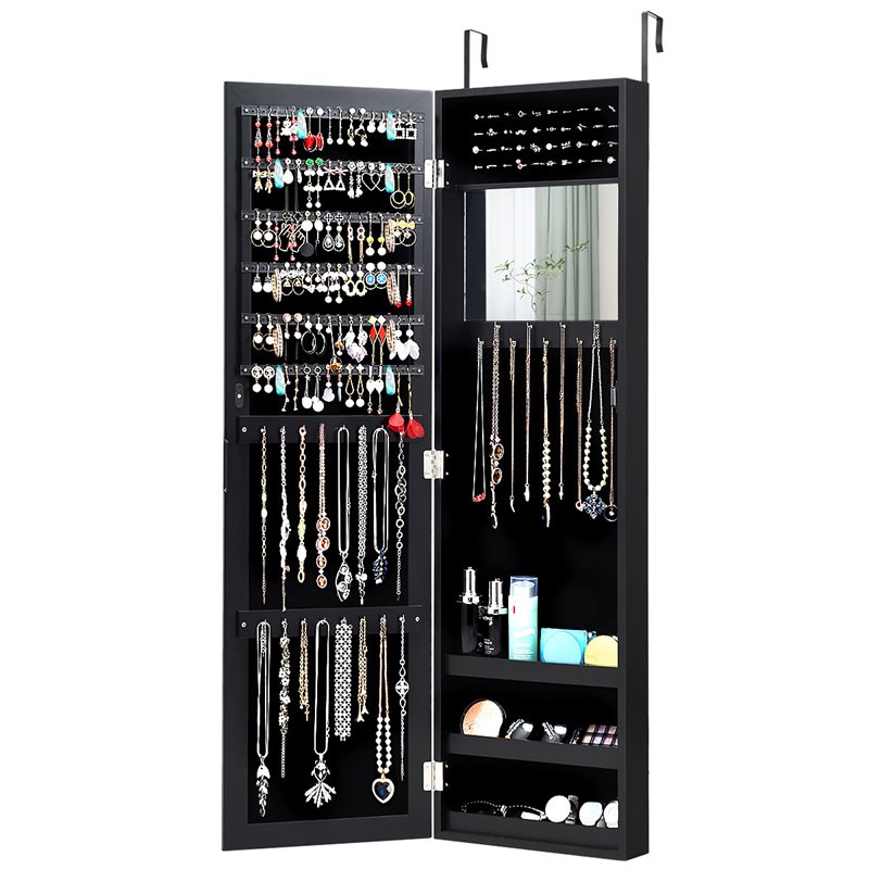 Pemberly Row MDF Board Wall/Door Mounted Mirrored Jewelry Cabinet in Black