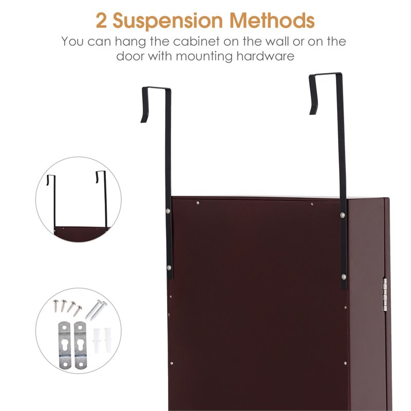 Pemberly Row MDF Board Wall/Door Mounted Mirrored Jewelry Cabinet in Brown