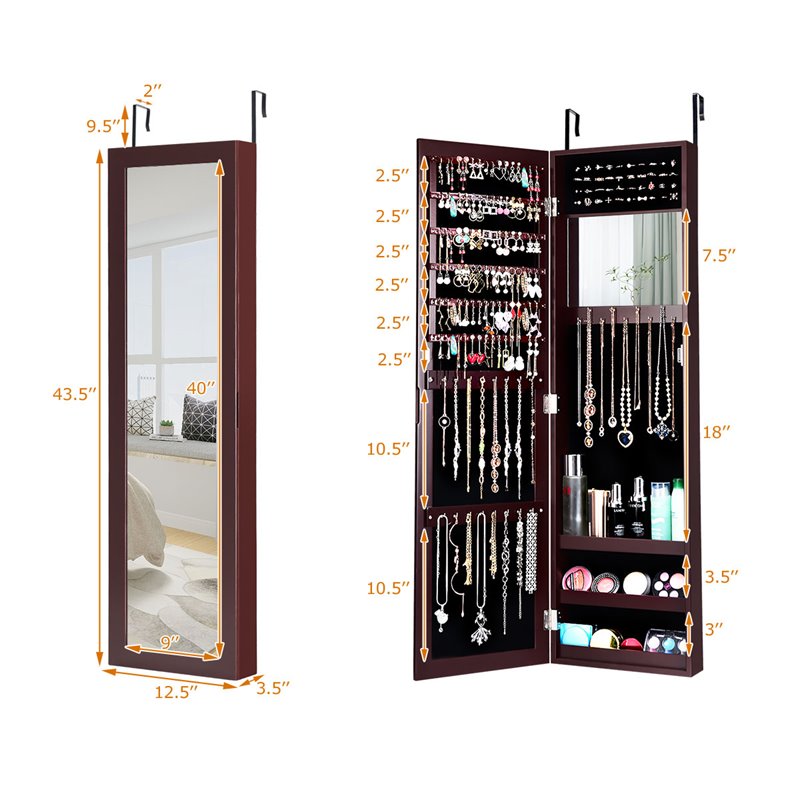 Pemberly Row MDF Board Wall/Door Mounted Mirrored Jewelry Cabinet in Brown