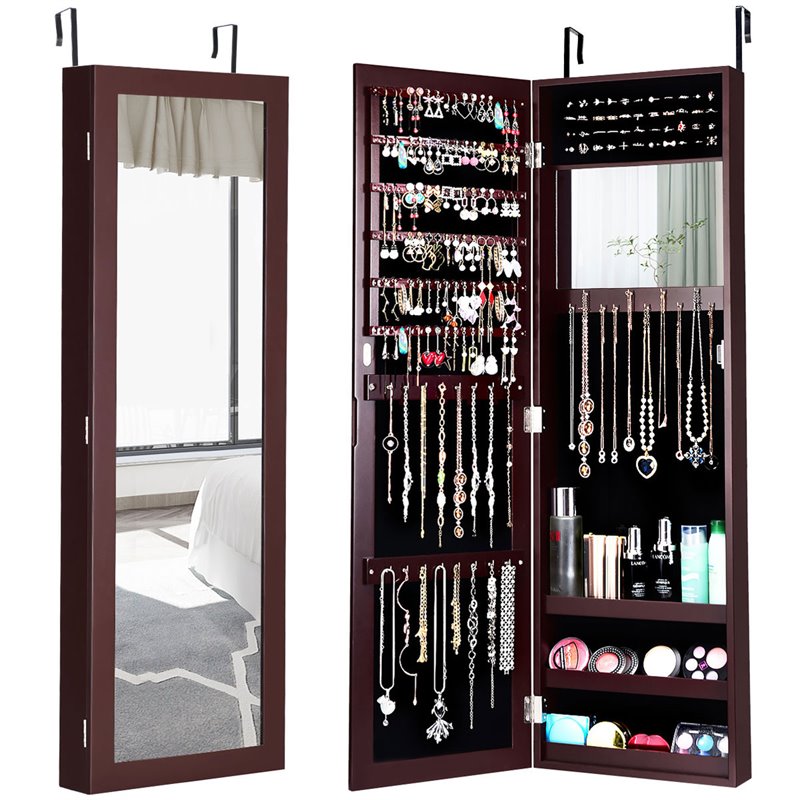 Pemberly Row MDF Board Wall/Door Mounted Mirrored Jewelry Cabinet in Brown
