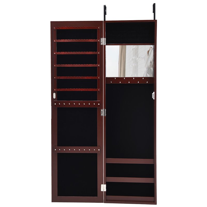 Pemberly Row MDF Board Wall/Door Mounted Mirrored Jewelry Cabinet in Brown