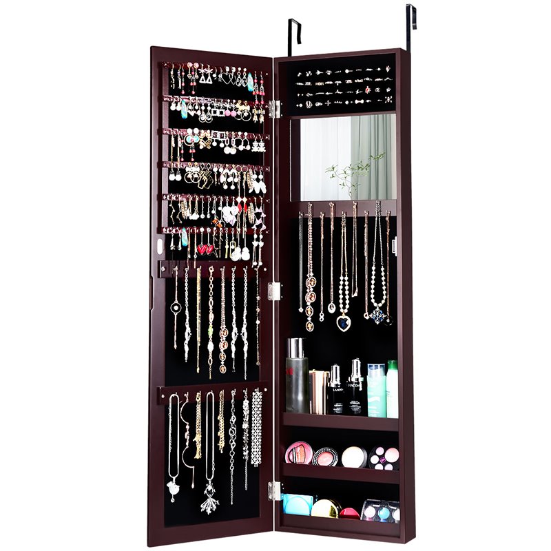 Pemberly Row MDF Board Wall/Door Mounted Mirrored Jewelry Cabinet in Brown