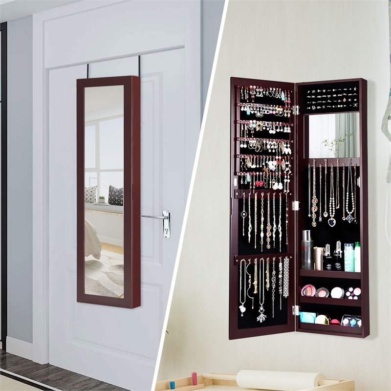 Pemberly Row MDF Board Wall/Door Mounted Mirrored Jewelry Cabinet in Brown