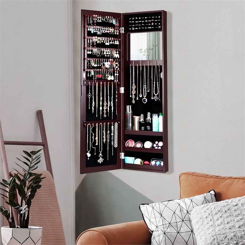 Pemberly Row MDF Board Wall/Door Mounted Mirrored Jewelry Cabinet in Brown