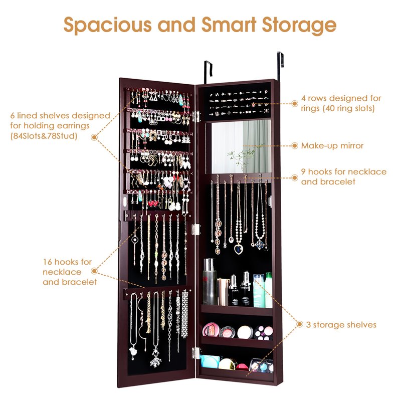 Pemberly Row MDF Board Wall/Door Mounted Mirrored Jewelry Cabinet in Brown