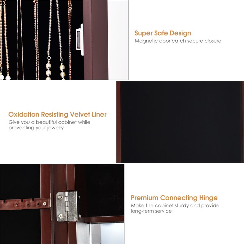 Pemberly Row MDF Board Wall/Door Mounted Mirrored Jewelry Cabinet in Brown