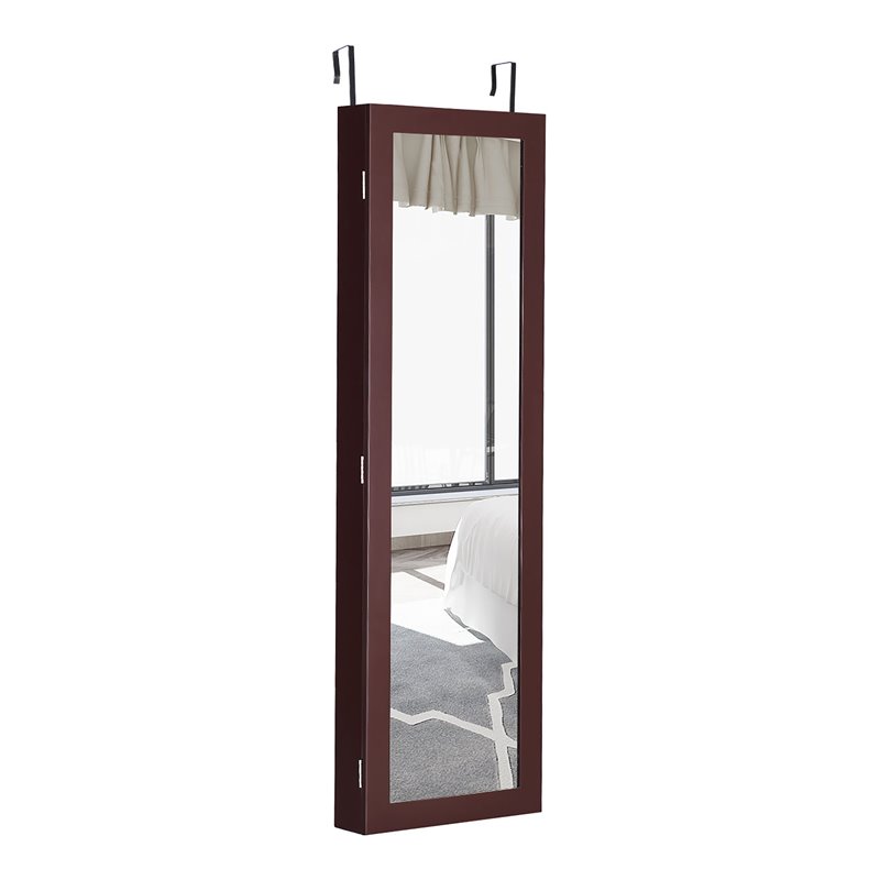 Pemberly Row MDF Board Wall/Door Mounted Mirrored Jewelry Cabinet in Brown