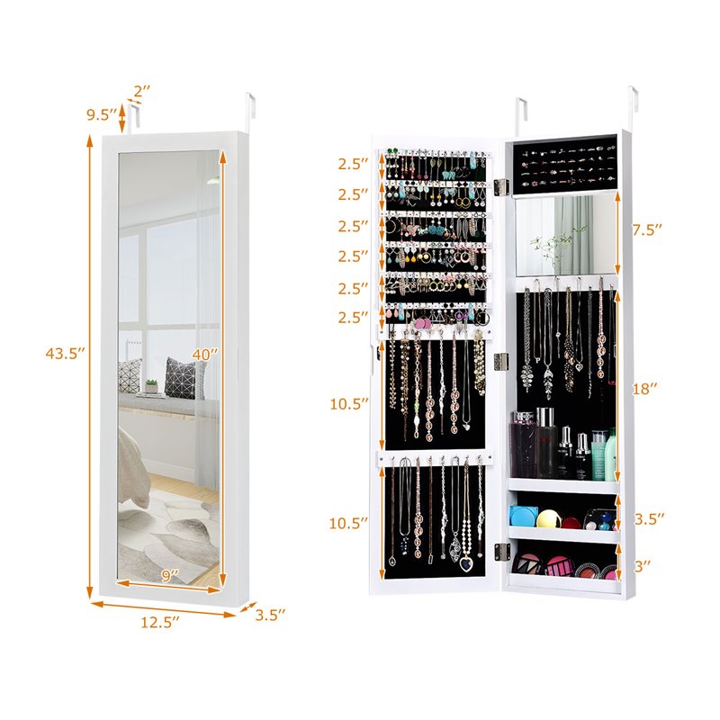 Pemberly Row MDF Board Wall/Door Mounted Mirrored Jewelry Cabinet in White