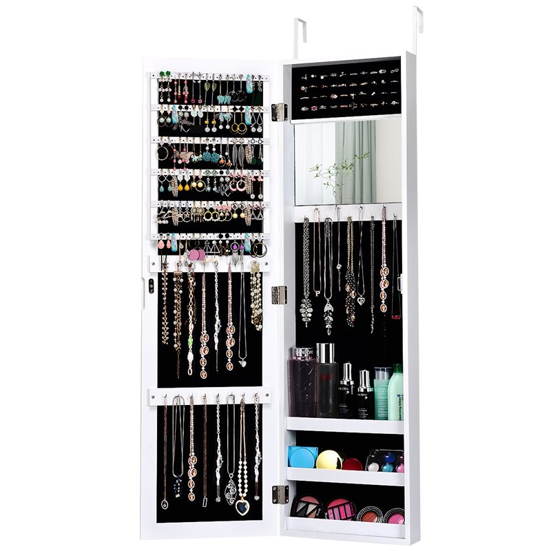 Pemberly Row MDF Board Wall/Door Mounted Mirrored Jewelry Cabinet in White