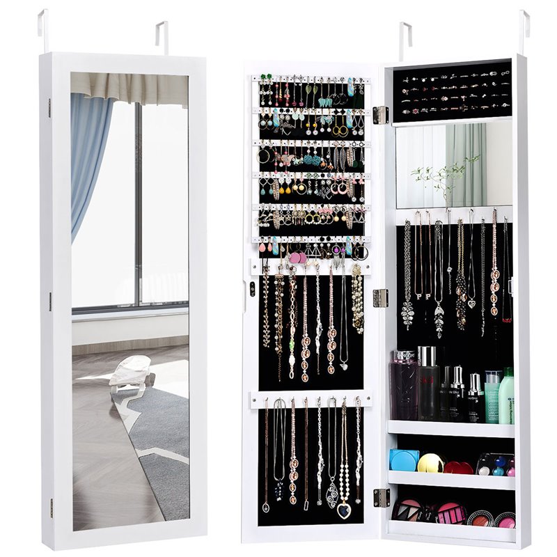 Pemberly Row MDF Board Wall/Door Mounted Mirrored Jewelry Cabinet in White
