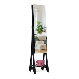 Pemberly Row MDF Board Bevel Edge Mirrored Standing LED Jewelry Cabinet in Black