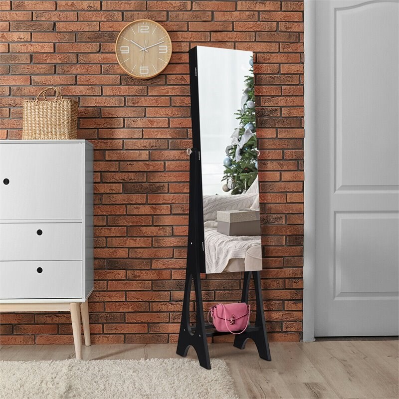 Pemberly Row MDF Board Bevel Edge Mirrored Standing LED Jewelry Cabinet in Black