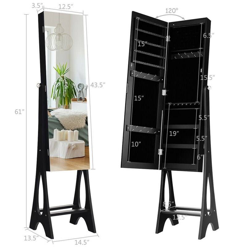 Pemberly Row MDF Board Bevel Edge Mirrored Standing LED Jewelry Cabinet in Black