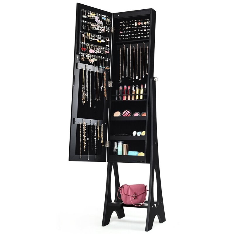 Pemberly Row MDF Board Bevel Edge Mirrored Standing LED Jewelry Cabinet in Black
