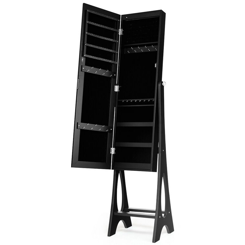 Pemberly Row MDF Board Bevel Edge Mirrored Standing LED Jewelry Cabinet in Black