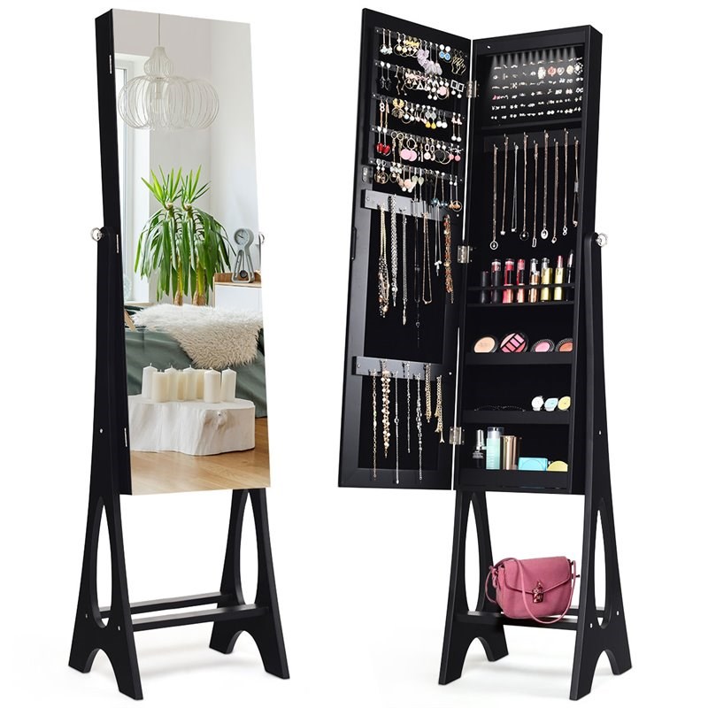 Pemberly Row MDF Board Bevel Edge Mirrored Standing LED Jewelry Cabinet in Black