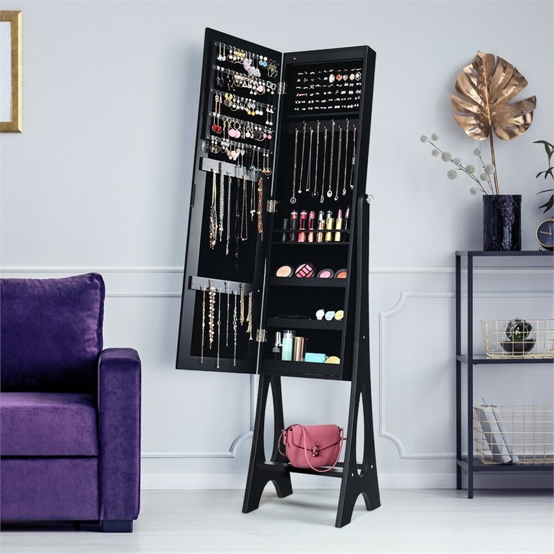 Pemberly Row MDF Board Bevel Edge Mirrored Standing LED Jewelry Cabinet in Black