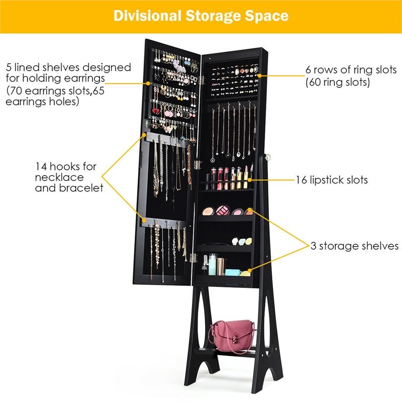 Pemberly Row MDF Board Bevel Edge Mirrored Standing LED Jewelry Cabinet in Black