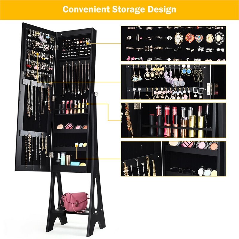 Pemberly Row MDF Board Bevel Edge Mirrored Standing LED Jewelry Cabinet in Black