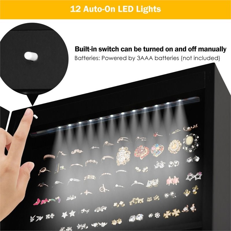 Pemberly Row MDF Board Bevel Edge Mirrored Standing LED Jewelry Cabinet in Black