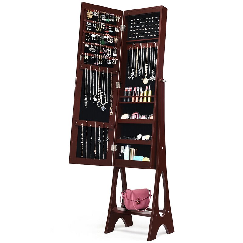 Pemberly Row MDF Board Bevel Edge Mirrored Standing LED Jewelry Cabinet in Brown