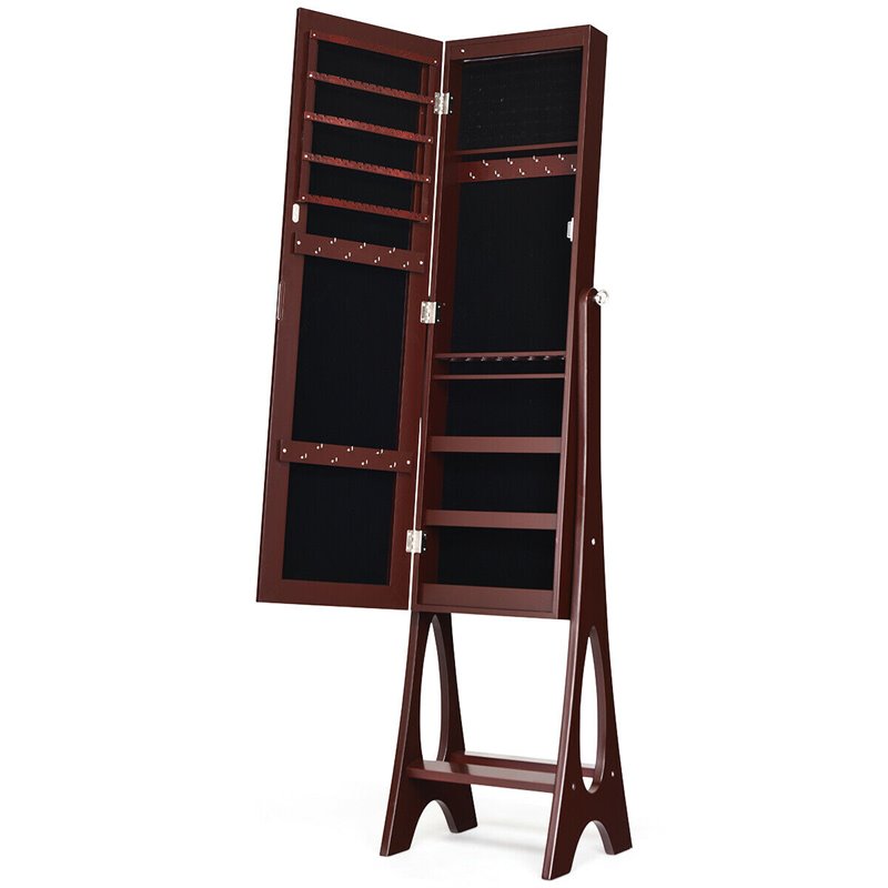 Pemberly Row MDF Board Bevel Edge Mirrored Standing LED Jewelry Cabinet in Brown