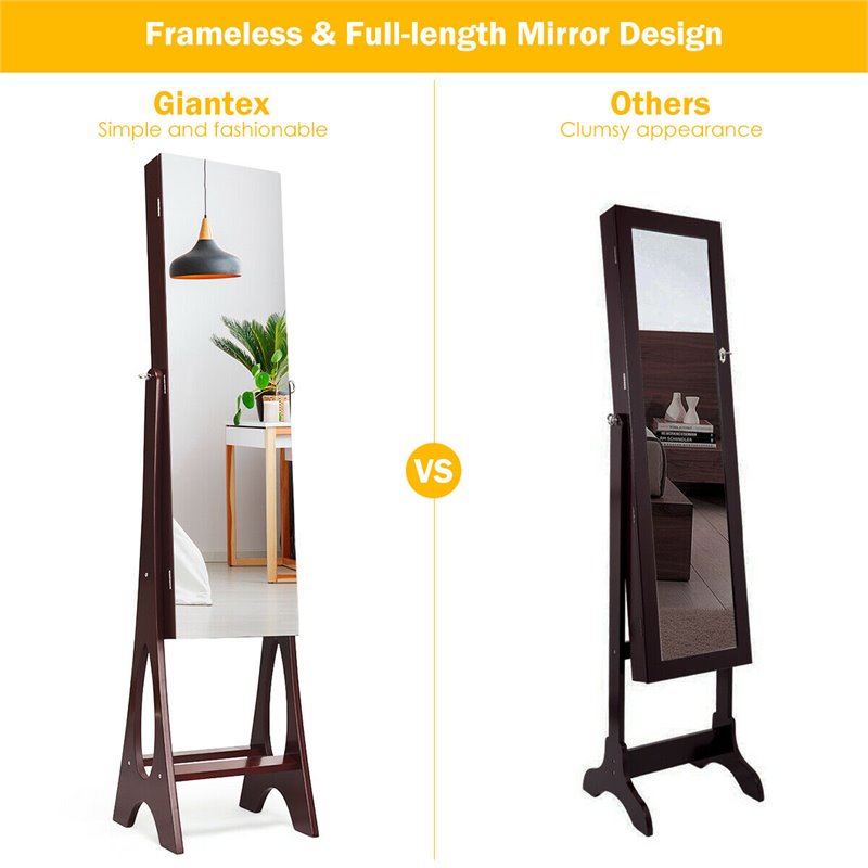 Pemberly Row MDF Board Bevel Edge Mirrored Standing LED Jewelry Cabinet in Brown