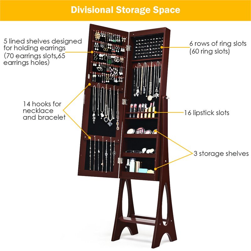 Pemberly Row MDF Board Bevel Edge Mirrored Standing LED Jewelry Cabinet in Brown