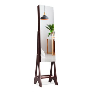 Pemberly Row MDF Board Bevel Edge Mirrored Standing LED Jewelry Cabinet in Brown