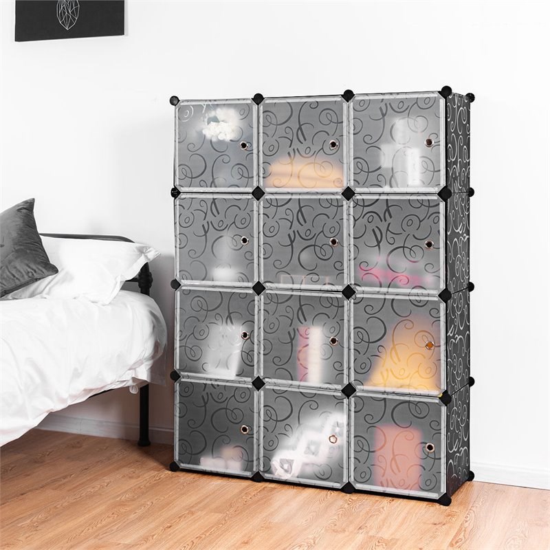 Pemberly Row 12-cube PP & Steel Portable Closet Storage Organizer w/ Doors-Black
