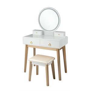 Pemberly Row MDF and Beech Makeup Table with Circular Mirror in White